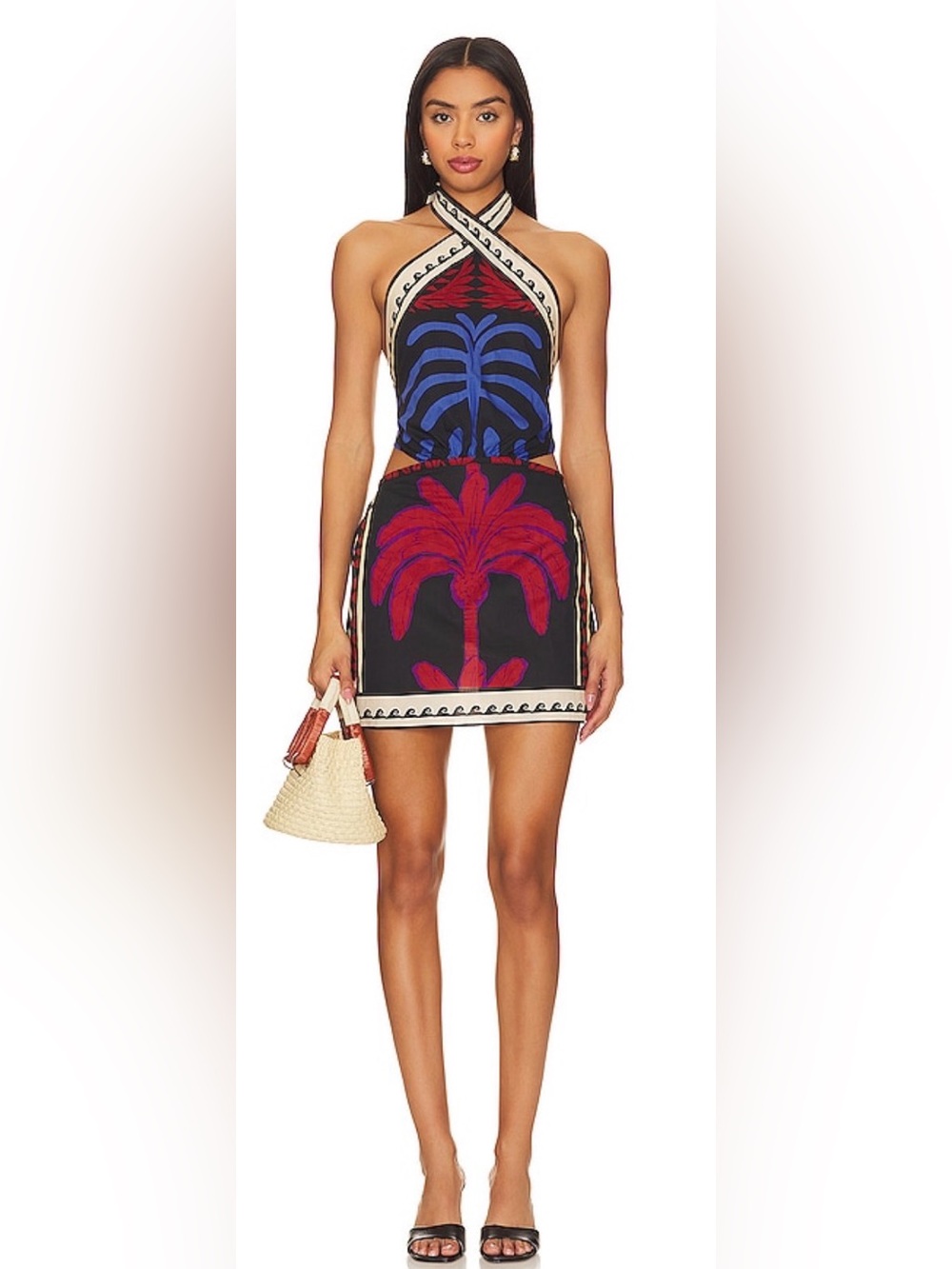 Black Halter Mini Dress with Red & Blue Palm Motif